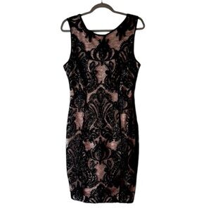 Mystic Los Angeles Nude Lined Black Sequin Lace Sheath Dress Size L